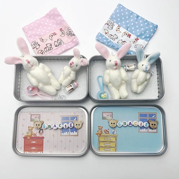 2 Pcs Mini Plush Rabbit Set in Tin Box (Parent & Little One), Pocket Bunny Family with Bedding & Care Accessories, Portable Travel Companion & Easter Gift