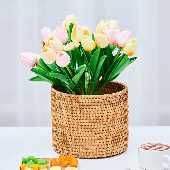 2 Pcs Mini Rattan Bathroom Trash Can - Natural Brown