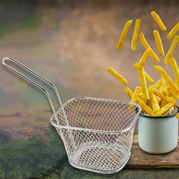 2 Pcs Mini Square Fry Basket Stainless Steel French Fries Holder Deep Fryer Baskets with Handles, Table Serving Frying Chips Baskets, French Fry Holder for Kitchen Party Barbecue, Silver