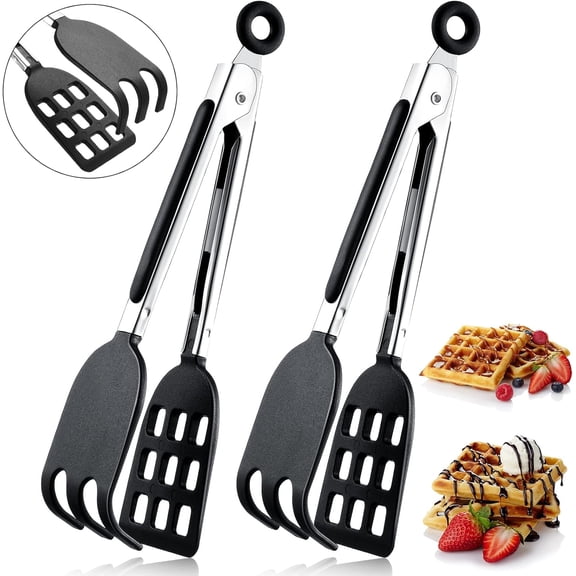 2 Pcs Mini Waffle Tongs Non Scratch 8" Serving Spatula Tongs for Cooking | Non Slip Smooth Stainless Steel Handles, Heat Resistant Nylon Heads, Dishwasher Safe, Spatula Tong for Belgian Waffle Servin