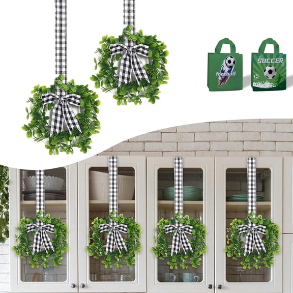 2 Pcs Mini Wreaths for Kitchen Cabinets, 9 Inch Artificial Greenery Wreath with Buffalo Plaid Bows, Small Farmhouse Candle Rings for Covered Outdoor Window Decor, UV Protected Realistic Greenery