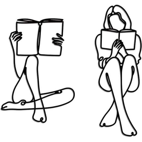 2 Pcs Minimalist Woman Metal Wall Art Decor Abstract Reading Book Woman Wall Decor Signs Drawing Single Line Female Home Hanging Set for Bedroom Kitchen Bathroom Living Room