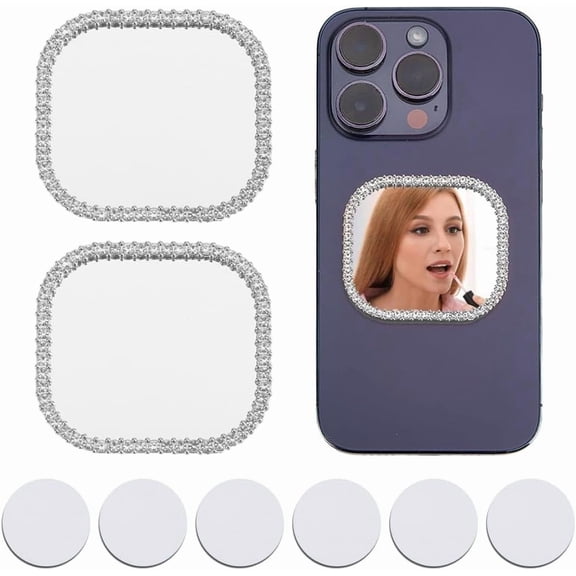 2 Pcs Mirror Decal Phone Back Adhesive Mirror Charm Sticker Square Make up Mirror with Rhinestones for DIY handcrafting