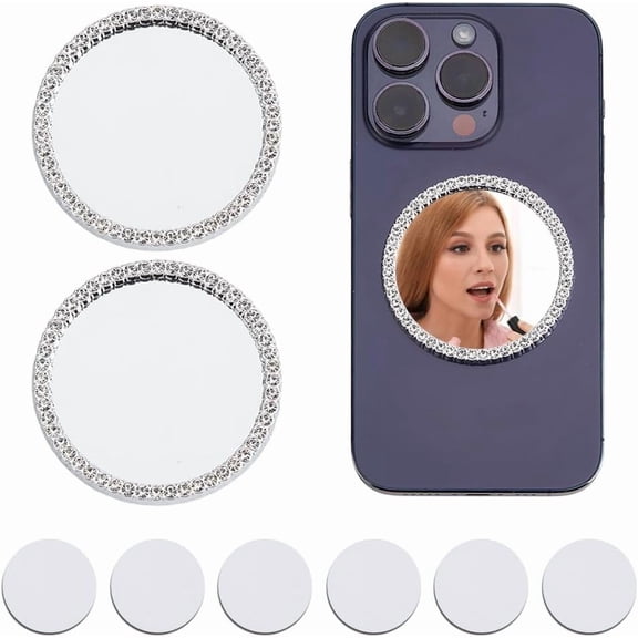 2 Pcs Mirror Decal Phone Back Adhesive Mirror Charm Sticker Square Make up Mirror with Rhinestones
