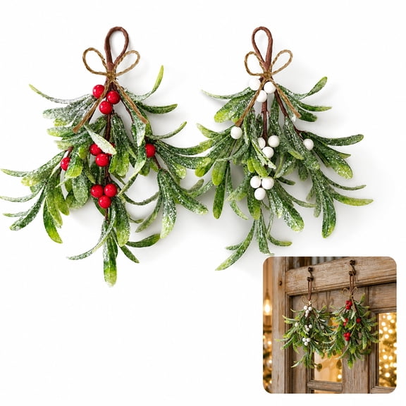 2 Pcs Mistletoe Christmas Decor Artificial Glitter Leaf 9 x 7.5inch Frosted Mistletoe Hanging Decorations with Berry Red and White Berries for Christmas Winter Holiday Decor