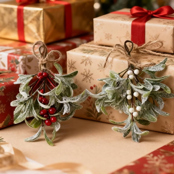 2 Pcs Mistletoe Christmas Decor, Artificial Mistletoe Hanging Christmas Decorations for Doorway Living Room Winter Home Decor with Red & White Berries, Faux Winter Wonderland Decor