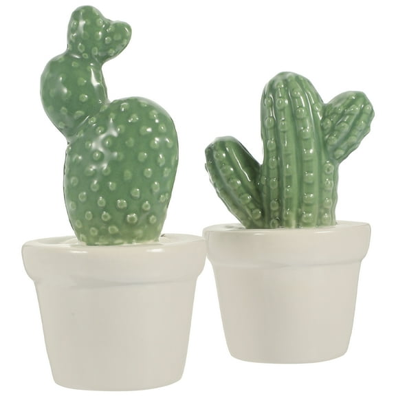 Set of 2 Green Ceramic Cactus Figurines Porcelain Plant Sculptures Potted Decorative Table Centerpieces for Home and Office