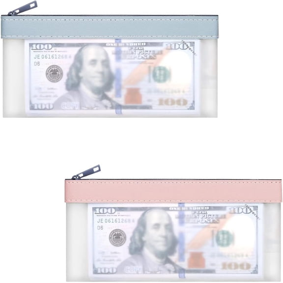 2 Pcs Money Bags with Zipper, Clear Cash Envelopes Coin Purse, Clear Money Pouch Cash Envelopes Bank Bag, Money Organizer Money Envelopes for Cash (Pink and Blue)