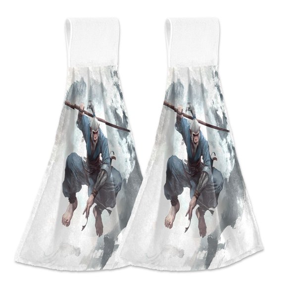 2 Pcs Monkey with Rod Kitchen Hand Towels with Hanging Loops Absorbent Soft Fast Drying Decor Bath Towels