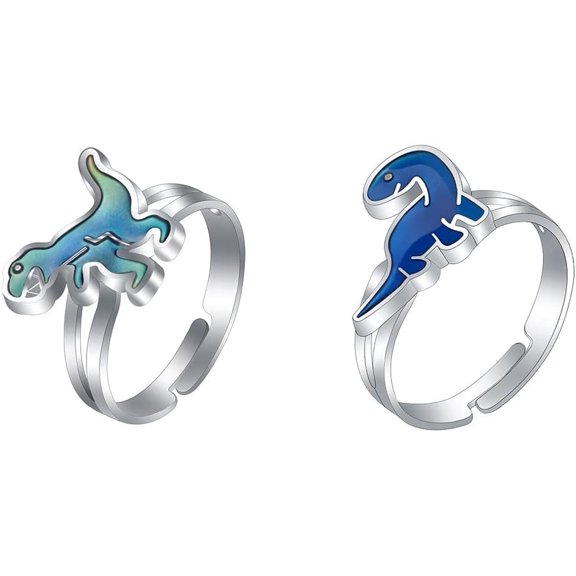 2 Pcs Mood Dinosaur Rings Set Color Changing Emotion Feeling Temperature Finger Ring Adjustable for Womens Animal Funny Jewelry