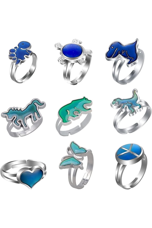 2 Pcs Mood Dinosaur Rings Set Color Changing Emotion Feeling Temperature Finger Ring Adjustable for Womens Animal Funny Jewelry