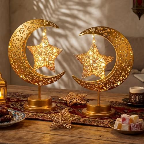 2 Pcs Moon Crescent Ramadan Table Lamp Decorations Battery Operated Ramadan Lights Eid Mubarak Moon Decorations Gold Crescent Lamp Nightlights Eid Gifts for Home, Bedroom, Living Room