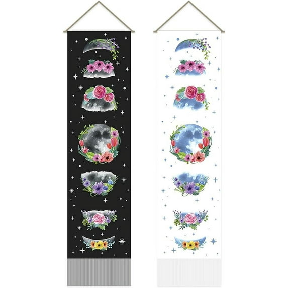2 Pcs Moon Phase Tapestry Colorful Moon Phase Flowers Long Tapestry Black and White Vertical Tapestry
