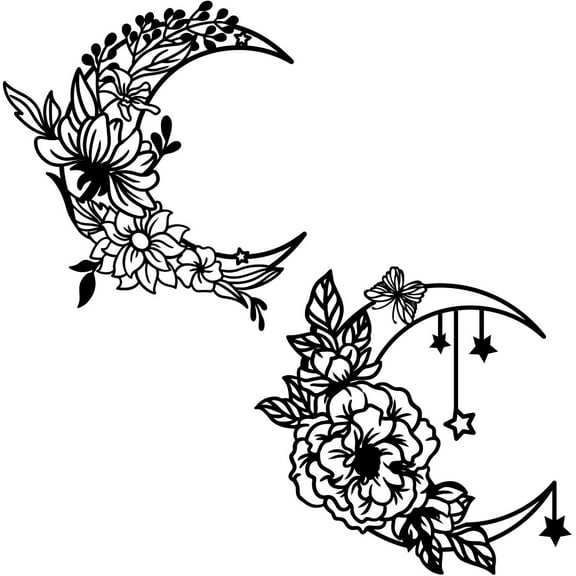 2 Pcs Moon Phase Wall Art 11" Wooden Moon Floral Art Decor Black Hollow Boho Wall signs Wooden Moon Floral Art Decor Half Moon Flower Sculpture for Living Room Bedroom Home Wall
