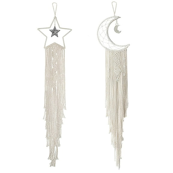 2 Pcs Moon Star Dream Catcher, Macrame Wall Hanging, Boho Home Decor, Cotton Woven Wall Art, Nordic Style Dream Catcher for Bedroom Nursery Wedding Decor, Off-White