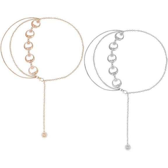 2 Pcs Moons Star Tassel Waist Chains 101cm/39.76inch 2 Colors Alloy Link Chain Belts Adjustable Link Body Chain Jewelry Shirt Dress Decoration for Jeans Women Gift Platinum Light Gold for DIY