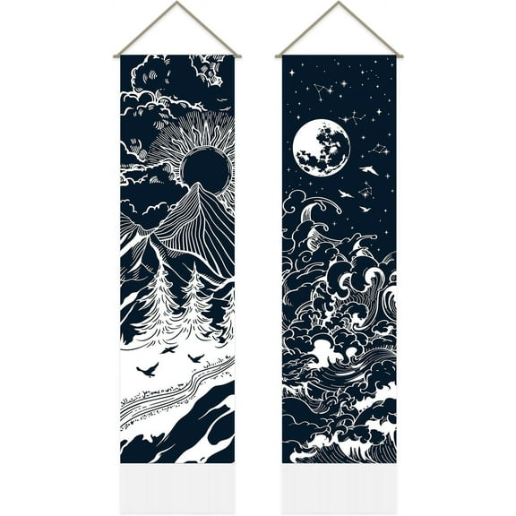 2 Pcs Mountain and Lake Tapestry Black Sun Moon Starry Night Long Vertical Tapestry Wall Hanging Psychedelic Art Mystic Gothic for Bedroom(51x13 Inch) (AJEW-WH0399-020-US20) colorful