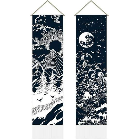2 Pcs Mountain and Lake Tapestry Black Sun and Moon Starry Night Long Vertical Tapestry Wall Hanging Psychedelic