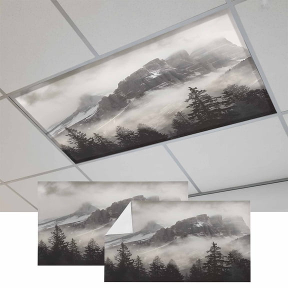 2 Pcs Mountains Forest Fluorescent Light Covers Nature Landscape Fog Cloud Magnetic Light Covers for Ceiling Lights 4 x 2 ft Drop Ceiling Lights Cover Shade for Office, Home, Hospital