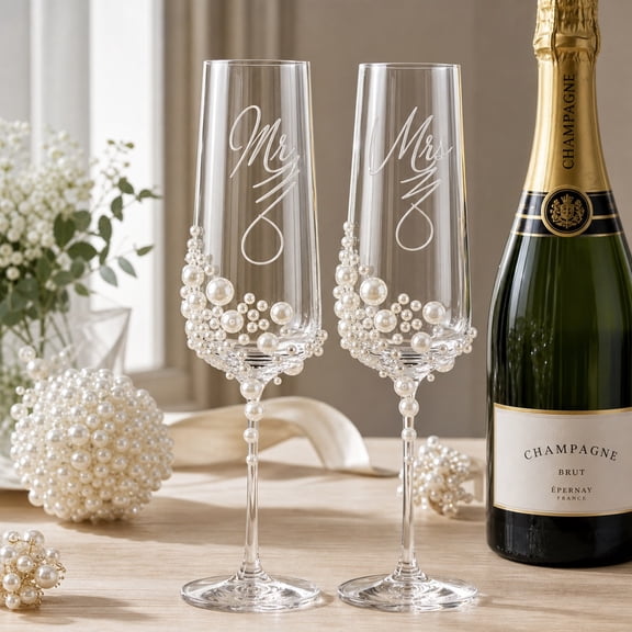 Hauojaus Mr and Mrs Elegant Pearl Crystal Handmade Champagne Flutes Set of 2