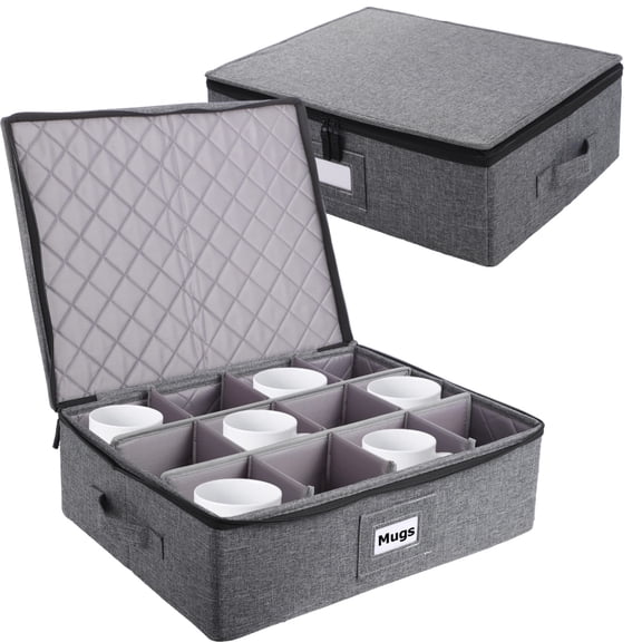 2 Pcs Mug Storage Container, 12-Grid Organizer with Dual Zipper, Webbing Handles and Dividers, Stackable Cup Holder for Kitchen Cabinet, 17 x 12.6 x 6.3 in