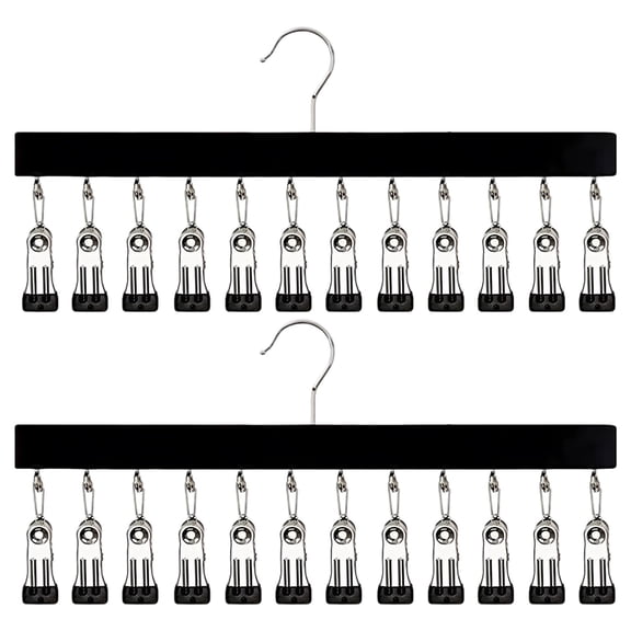 2 Pcs Multi-Clip Wooden Hanger, 12 Metal Clips with Anti-Slip Pad, 360 Swivel Hook, 15.4 x 7.7 in / 39 x 19.5 cm, Space Saving Closet Organizer for Socks, Scarves, Hats, Delicates