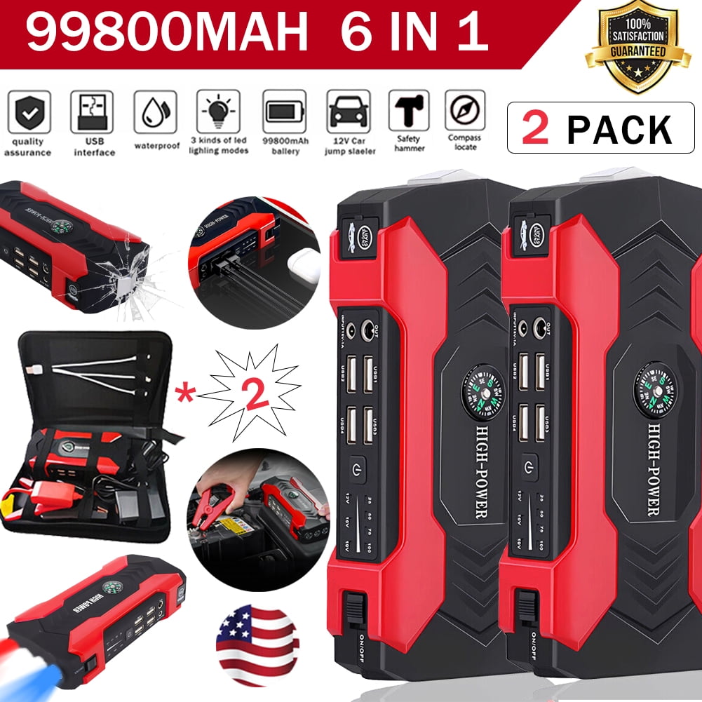 2 Pcs 99800mAh Car Jump Starter, Portable Battery Power Bank, Emergency