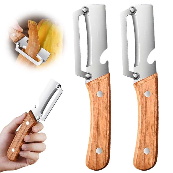 Cupidove 2 Pcs Multi-Functional Vegetable Peeler, Ultra-Sharp Stainless Steel Blade with Wooden Handle & Built-in Bottle Opener, Kitchen Tool for Fruits and Vegetables
