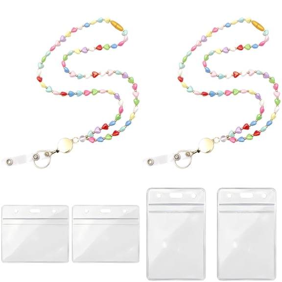 2 Pcs Multicolor Pastel Heart Bead Lanyard with Retractable Reel Set, Drip-Coated ID Badge Holder Necklace, Glasses Chain, Zinc Alloy Buckle, 37.8 in Long