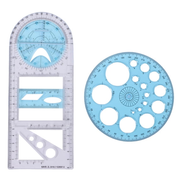 2 Pcs Multifunctional Geometric Ruler Plastic Circle Drawing Tool Drafting Templates Clear Graphic Design Tools