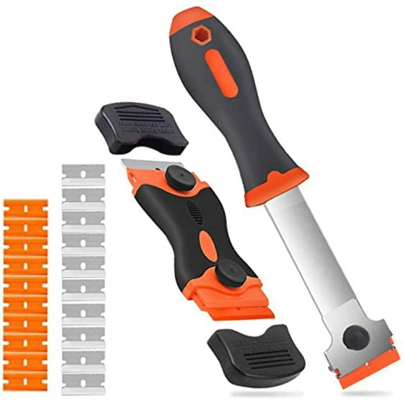 2 Pcs Multipurpose Razor Blade Scraper Tool with Extra 10 Plastic Blades Multipurpose Metal Plastic for Removing Label, Registration Sticker, Tint, Grease from Windshield, Appliance, Glass(Orange)