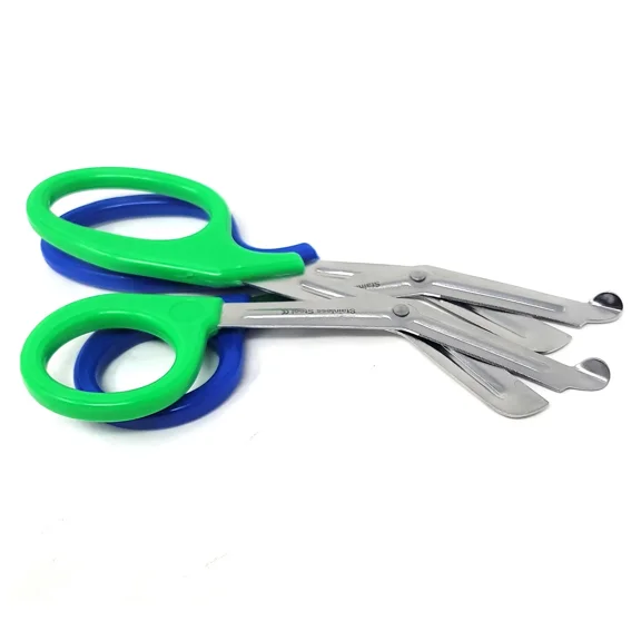 2 Pcs Multipurpose Trauma Shears 7.25" for Physicians, EMTs, Paramedics, Stainless Steel Blades with Genuine Rubberized Grips Outdoor Essentials - Blue + Green