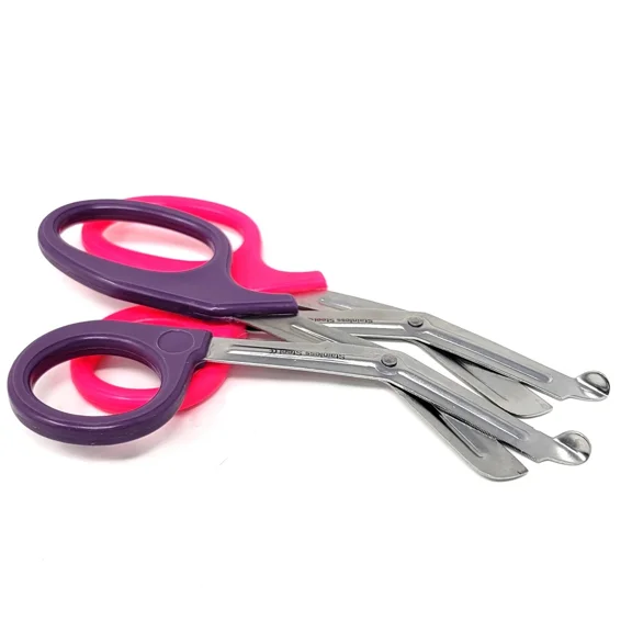 2 Pcs Multipurpose Trauma Shears 7.25" for Physicians, EMTs, Paramedics, Stainless Steel Blades with Genuine Rubberized Grips Outdoor Essentials - Purple + Pink