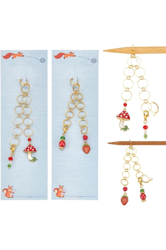 2 Pcs Mushroom/Strawberry Knitting Row Counter Chains 2 Pcs Beaded Stitch Markers Row Counting Accessories with Iron Linking Ring for Sewing Knitting Crochet Tracking gold