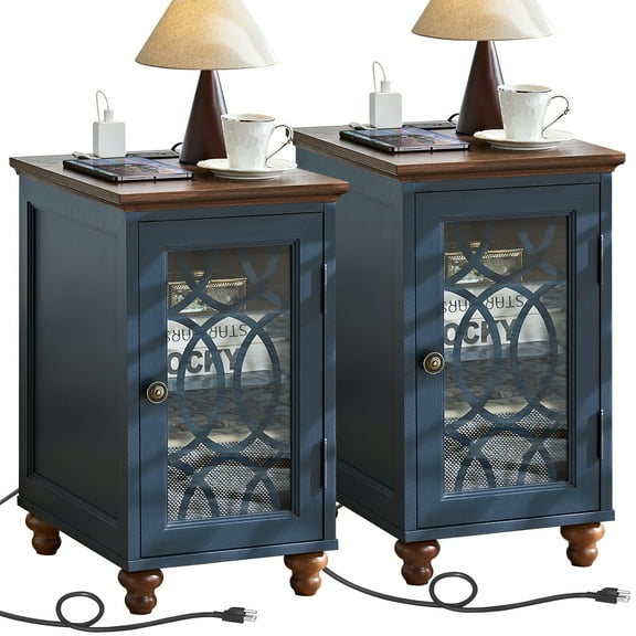 2 Pcs Narrow End Table with Charging Station, Wood Side Table for Living Room Bedroom, Farmhouse Blue