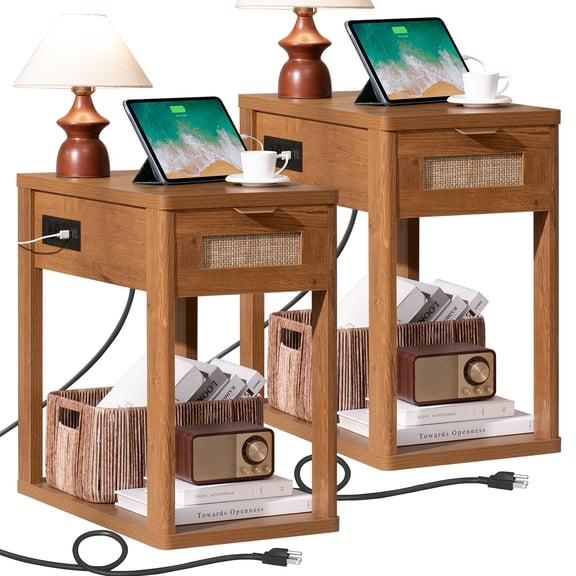 2 Pcs Narrow Nightstand with Charging Station, Boho Bedside Table with Drawer & Rattan Shelf, Wood End Table for Small Spaces, Living Room Bedroom, Tea Brown