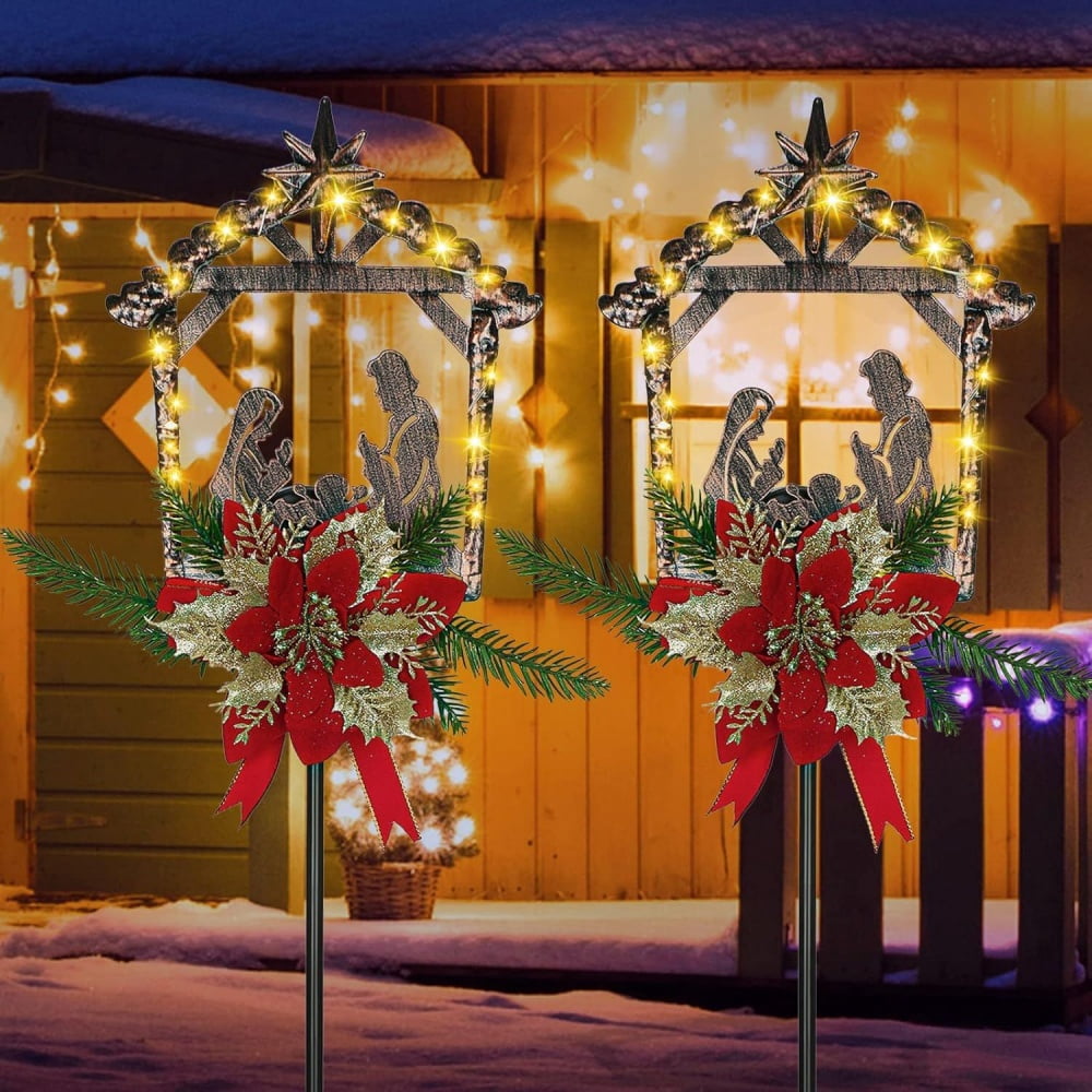 2 Pcs Nativity Scene Outdoor Yard Stakes Metal Christmas Light Decorations LED Christmas Decorations Nativity Scene Outdoor Solar Outdoor Lighted Nativity Scene for Pathway Garden Lawn (Classic)