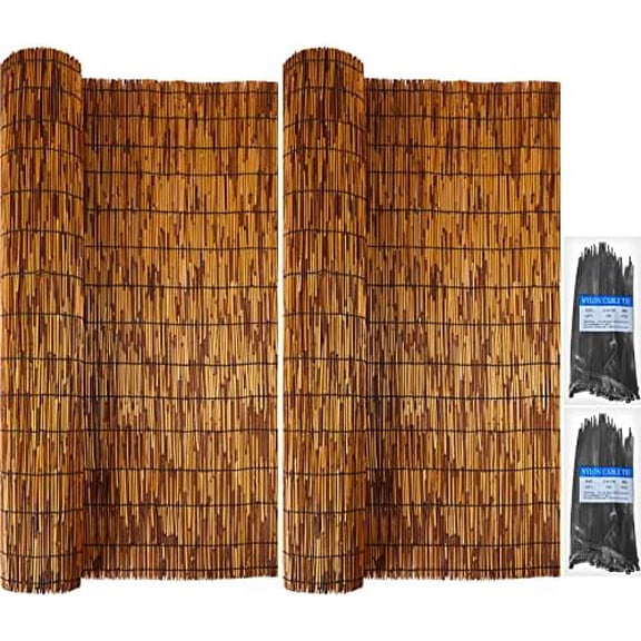 2 Pcs Natural Bamboo Reed Fencing Roll, 3.3 ft x 13.3 ft Bamboo Privacy Screen Curtain and 200 Pcs Nylon Black Cable Ties Cord for Garden Balcony Window Indoor Outdoor(Dark Brown)$$Garden & Patio