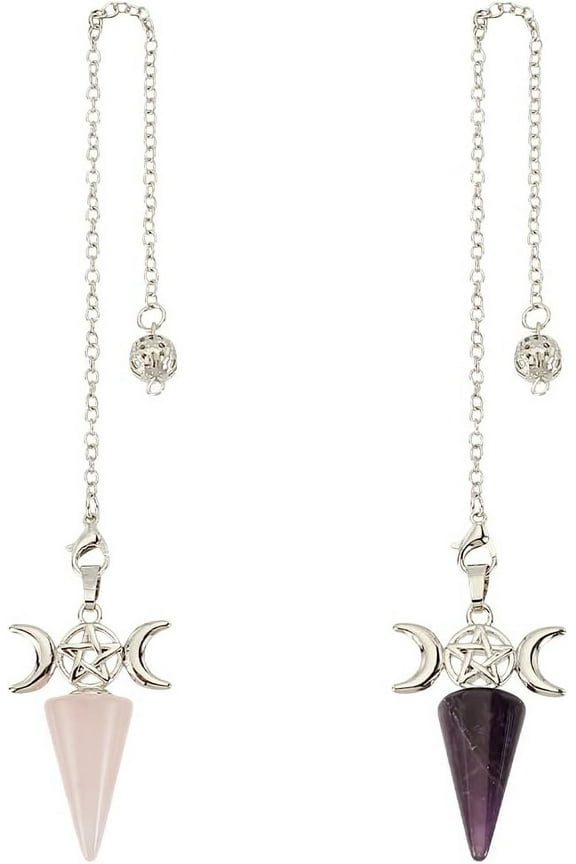 2 Pcs Natural Crystal Pendulums for Divination Cone Pointed Rose Quartz Pendant Pendulum with Chain Chakra Gemstone Reiki Pendulum Witchcraft Spritual Amethyst for Meditation