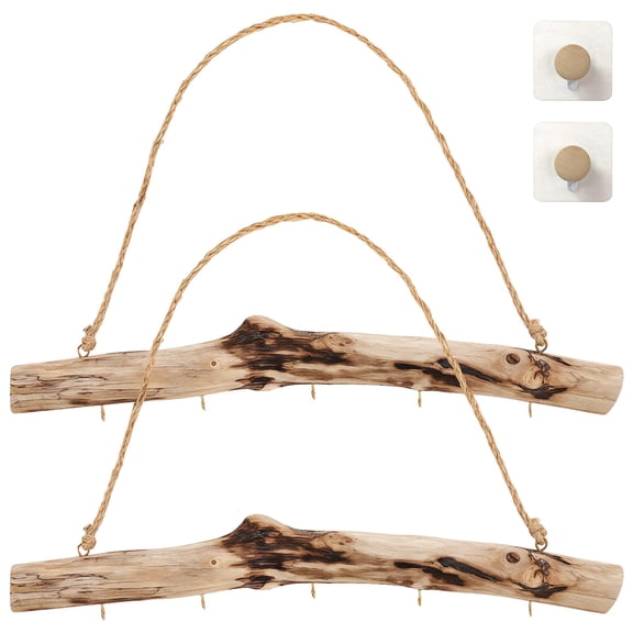 2 Pcs Natural Driftwood Wall Jewelry Organizer, Unique Driftwood Decor Hanger with 5 Metal Hooks, Boho Wall Mounted Key Rack, Including 2 Wood Sticky Hooks for Home Entryway