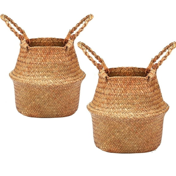 2 Pcs Natural Plant Pot with Handles,Seagrass Plant Basket Woven Belly Baskets Home Storage with Handles for Plant Pot,Home Decor Plant Baskets,Indoor Planter for Home Outdoor Tree Planters Decor