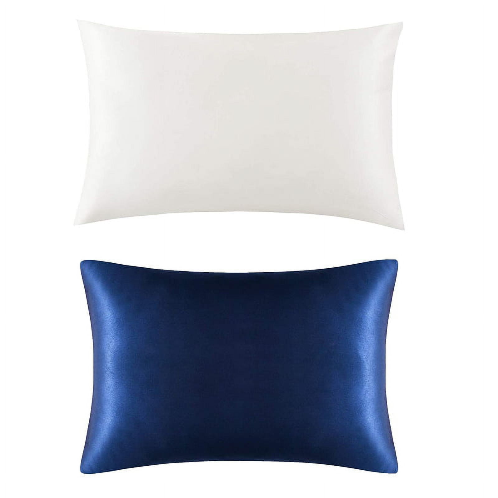 2 Pcs Natural Pure Silk Pillowcase for Hair and Skin, 600 Thread Count 50X75cm, White & Navy Blue