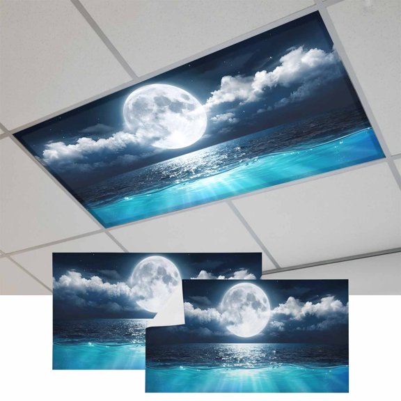 2 Pcs Natural Scenery Fluorescent Light Covers Full Moon Cloud Night Sky Sea Moonlight Magnetic Light Covers for Ceiling Lights 4 x 2 ft Drop Ceiling Lights Cover Shade for Office, Home, Hospital