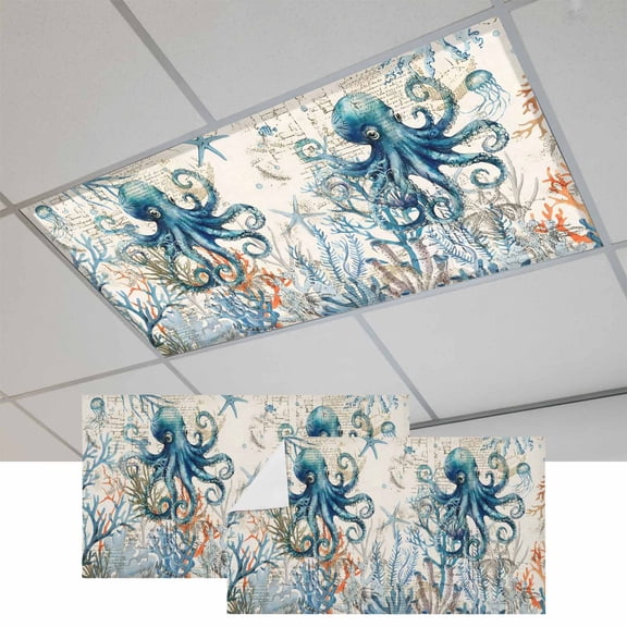 2 Pcs Nautical Teal Fluorescent Light Covers Octopus Ocean Coral Starfish Coastal Map Magnetic Light Covers for Ceiling Lights 4 x 2 ft Drop Ceiling Lights Cover Shade for Office, Home, Hospital