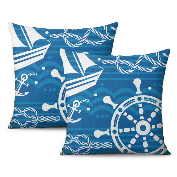 2 Pcs Navy Blue Nautical Throw Pillow Covers 16x16, Coastal Ocean Anchors Throw Pillow Cases, Decorative Linen Cushion Cases forCouch Living Room Sofa Bed Outdoor Home
