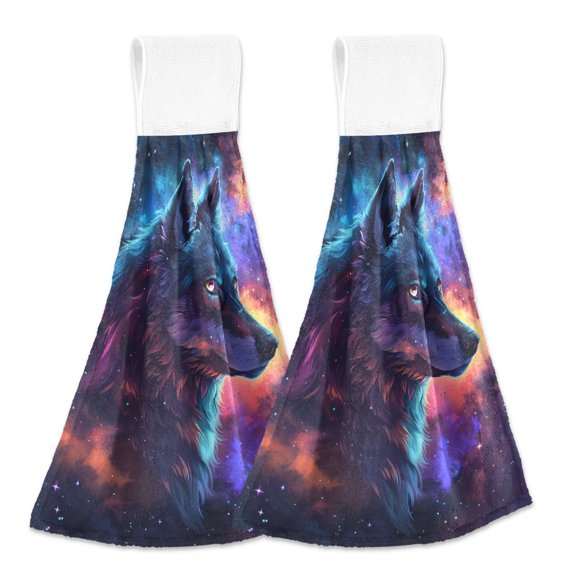 2 Pcs Nebula Colored Wolf Kitchen Hand Towels with Hanging Loops Absorbent Soft Fast Drying Decor Bath Towels