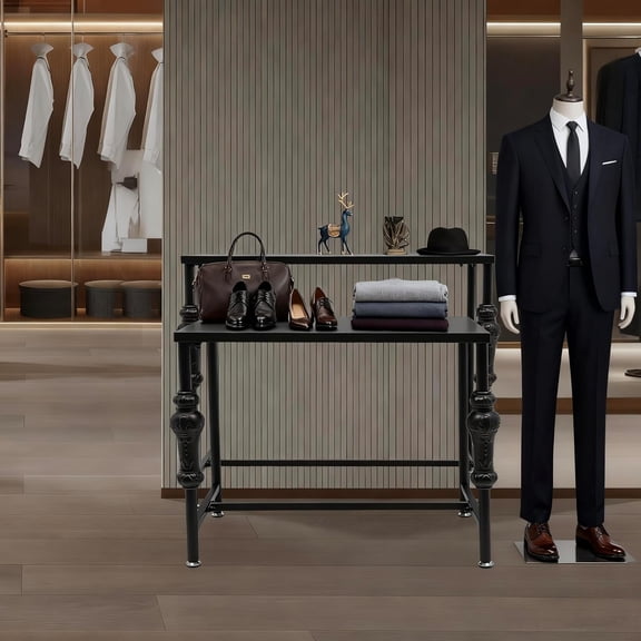 2 Pcs Nesting Tables Boutique Retail Display Rack Stand for Clothing Shoes Handbags Bag Hat Toy or Flower Ect, Black Garment Rack Shoes Bags Display Shelf Table for Home Clothing Shop Hotel