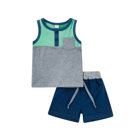 2 Pcs Newborn Casual Outfits, Baby Boys Contrast Color Round Neck Tank Tops with Pocket + Drawstring Shorts