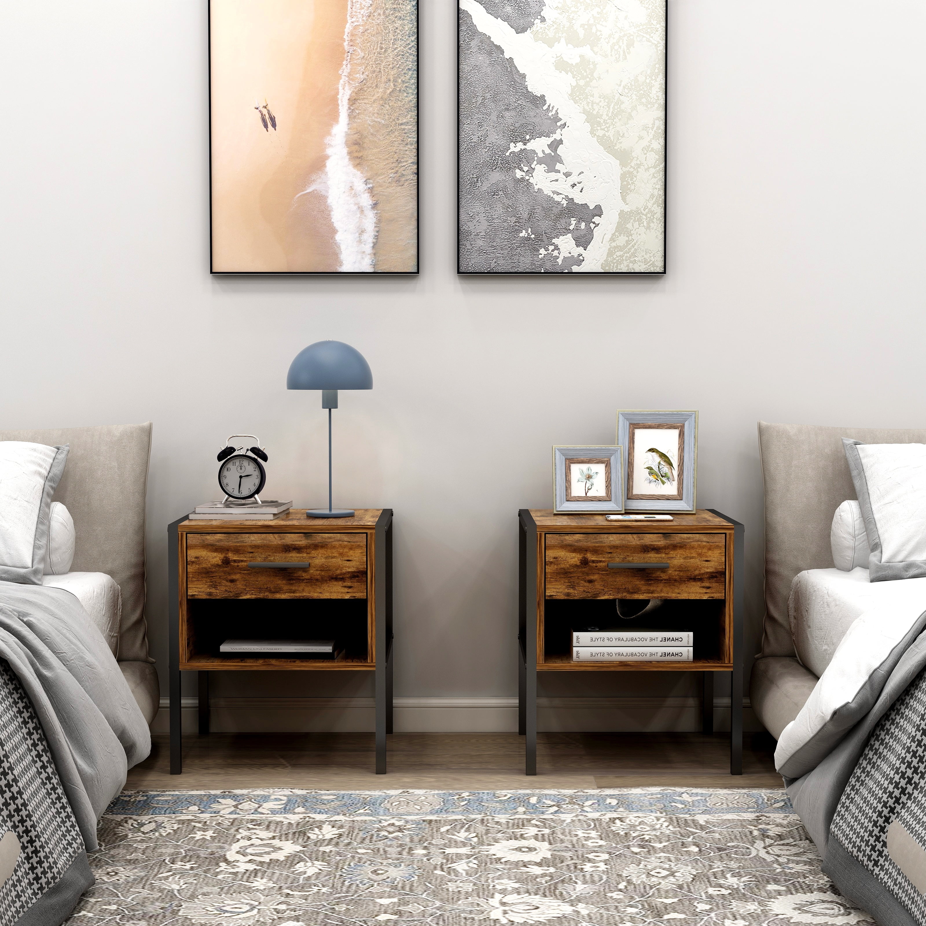 Rustic Brown and Black Wood Nightstand with Drawer and Shelf