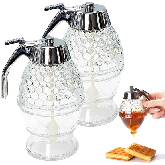 2 Pcs No Drip Honey Dispenser, Clear Plastic Syrup & Jam Container, Easy Pour Maple Syrup Pot with Stand, Airtight Kitchen Organizer